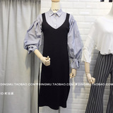 町目家韩国东大门秋装新款韩版针织背带裙和打底灯笼袖衬衫衬衣女