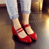 韩版新款2016年圆头真皮女鞋粗跟双绊带牛漆皮单鞋女中跟红色皮鞋