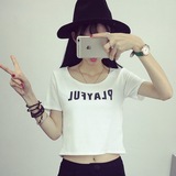韩国夏季字母宽松时尚舞蹈短款高腰露脐短袖T恤学生运动女装上衣
