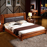 高档橡木大床卧室双人床婚床现代中式1.8米全纯实木床真皮软靠床