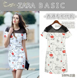 ZARA代购21015夏装新款女装修身气质显瘦印花网纱红唇短袖连衣裙