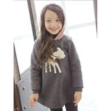 韩国进口2015冬季新款女童带帽加绒可爱小鹿卫衣长T连衣裙特价