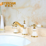 史特丹天然玉石水龙头 冷热8寸三孔分体式欧式双把金色洗面盆龙头