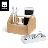 Umbra创意桌面收纳盒置物架整理盒实木原木木制办公文具手机迷你