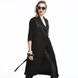 2015春装新款黑色中长款拼接时尚系带欧美范薄款女式风衣女外套女
