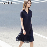 Amii2016夏装新款 艾米女装旗舰店雪纺短袖V领百褶女士大码连衣裙