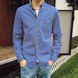 春季衬衫男士修身长袖青少年商务休闲格子衬衣简约韩版日系学生潮
