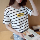 2016夏季女装大码上衣字母韩版休闲短袖棉条纹T恤女 体恤打底衫女