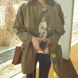 代购2015秋新款韩国军绿色风衣女宽松显瘦中长款大码工装风衣外套