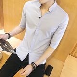 香港代购夏季男士衬衫七分袖青年韩版修身立领亚麻衬衣短袖潮寸衫