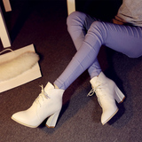 紫色白色粗跟高跟真皮短靴系带尖头马丁靴子软面牛筋底春季单靴女