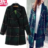 绿格子毛呢外套女装2015zara新款修身大码韩版中长款呢子大衣风衣