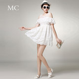 MC高端定制女装 白色甜美性感露肩蕾丝吊带连衣裙公主蓬蓬裙