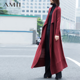 Amii极简品牌女装 2015冬新款长款开衫无扣垂感不规则领毛针织衫