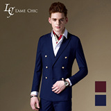 L'AME CHIC欧美潮男士修身型男装青年金属双排扣拼色休闲西装外套