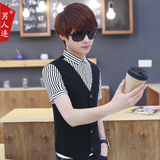 夏男士短袖衬衫潮青少年修身条纹假两件衬衫学生韩版英伦短袖衬衣