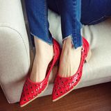 2016新款缕空浅口尖头红色百搭方跟舒适简约纯色低跟单鞋女鞋
