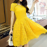qyn4900韩版甜美公主裙大码短袖蕾丝连衣裙中长款蓬蓬裙显瘦夏装