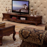 欧式 美式电视柜仿古电视柜  2米深色地柜  实木雕花古典客厅地柜