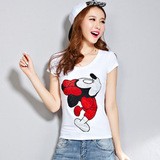 2016女士米老鼠t恤女短袖夏季 韩版紧身纯棉米奇可爱卡通体恤衫潮