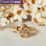 查莉莎 18K玫瑰金钻石戒指 白金扭纹蝴蝶结 黄金花型群镶女钻戒女