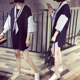 2016新款女装韩版BF学院风条纹拼接衬衫裙女中长款五分袖连衣裙潮
