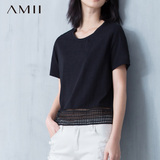 Amii2016半袖女夏季百搭简约拼接镂空网纱纯色宽松短款t恤女短袖