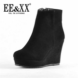EEXX专柜新款圆头坡跟短靴 高跟真皮磨砂时尚舒适女靴及踝靴0491
