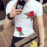 夏天新品时短袖t恤男士3D玫瑰花个性印花体恤男装圆领纯棉上衣服