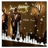 白色城镇 铁塔 圣诞节雪花 咖啡店铺玻璃橱窗 墙壁装饰墙贴纸贴画