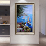 玄关油画竖版手绘风景地中海风格装饰画简欧式壁画蓝色单幅画有框