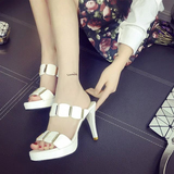 2016新款白色高跟凉拖鞋女夏季韩版时尚一字拖露趾防水台细跟凉鞋