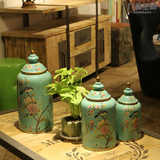 美式乡村花鸟陶瓷圆罐三件套家居软装餐厅玄关工艺品饰品花瓶摆件