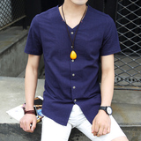 夏季韩版修身亚麻短袖衬衫男四分袖白衬衣棉麻V领中袖T恤寸衫潮