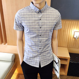 夏季短袖衬衫男修身型青年时尚休闲男士格子衬衣韩版半袖小领寸衫