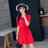 2016夏季新款韩版女装红色修身显瘦a字打底裙时尚短袖雪纺连衣裙