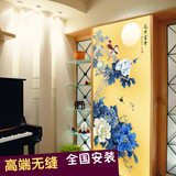 中式玄关定制壁画无纺布墙纸客厅卧室走廊壁纸蓝牡丹花开富贵花鸟
