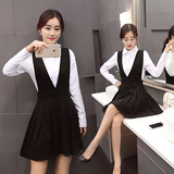 2015秋冬新款韩版两件套衬衫上衣时尚百搭套装裙毛呢背带连衣裙女