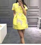 正品代购DAZZLE/地素2016春装新款印花翻领高腰短袖连衣裙