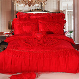红色四件套韩式蕾丝六件套结婚床上用品床单被套婚庆天丝棉贡缎大