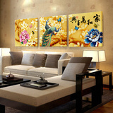 客厅冰晶玻璃装饰画壁画 现代三联无框画沙发背景挂画 家和万事兴