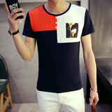 青少年小码S码小号短袖体恤t恤男潮学生韩版修身印花拼接圆领T恤