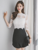 韩国代购2016春款2.15女神蕾丝7分袖修身上衣+黑色荷叶半裙单买特