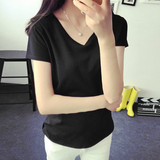 韩国糖果色纯色V领短袖女t恤学生夏装新款韩版女装半袖宽松大码女