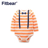Fitbear 1件婴儿衣服宝宝长袖包屁衣春秋新生儿三角哈衣条纹纯棉