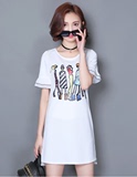 2016夏季新款韩版女装通勤印花时尚修身短袖中长款T恤打底衫