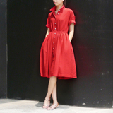 YSX原创设计 16夏季大红亚麻欧美复古赫本大摆长款衬衫连衣裙包邮