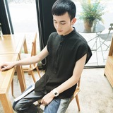 夏韩版学生休闲宽松纯色棉麻背心T恤青少年立领个性无袖衬衫男潮