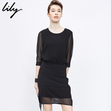 Lily2016春新款女装收腰网纱黑色五分袖镂空连衣裙116110C7129