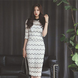 韩国代购2016春装新款女装性感名媛修身两件套连衣裙波浪纹套装裙